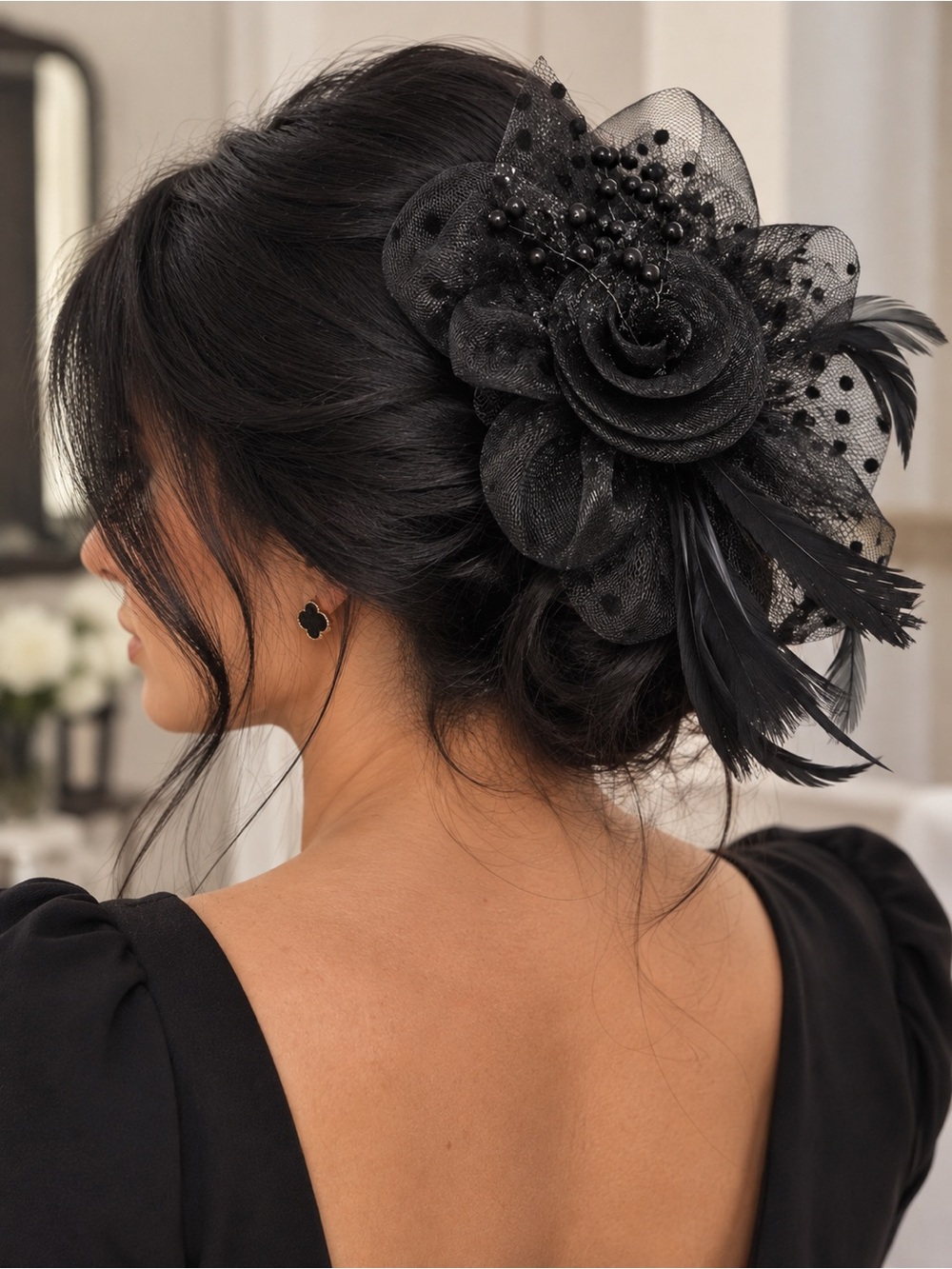 Black Fascinator Hair Clip Mesh Polka Dot Flower Feathers Beaded Formal